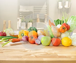 Selective focus of wood.Set of variety vegetable with copy space of table, kitchen counter bar