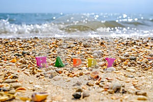 Selective focus on the word Happy from multicolored letters among sand and seashells on the seashore. In the background