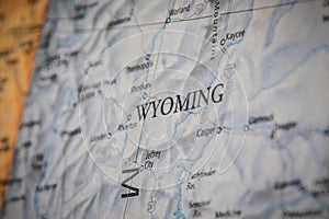 Selective Focus Of Wyoming State On A Geographical And Political State Map Of The USA