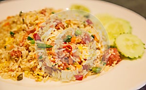 Selective focused closeup asian thai cuisine dish menu: thai fermented pork fried rice