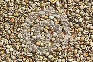 Selective focused on Coffee beans for background. Roasted coffee beans in the wooden vintage basket.