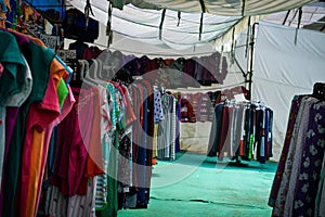 Selective focused view of garments in an Indian market