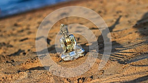 Selective shot of a silver Buddha statuette on the beach