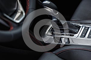 Selector automatic transmission with leather in the interior of a modern expensive car