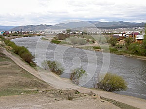 Selenga River and the outskirts of the city of Ulan-Ude. Buryatia.