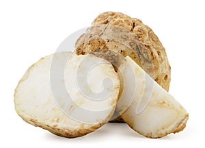 Seler root whole and pieces on a white background. Isolated