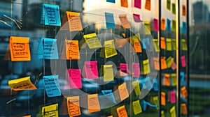 Self adhesive notes with words stuck on the glass in the office. Brainstorming concept