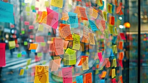 Self adhesive notes with words stuck on the glass in the office. Brainstorming concept