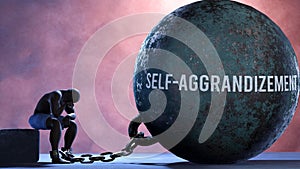 Self aggrandizement and an alienated suffering human. A metaphor showing Self aggrandizement as a huge prisoner's ball b photo