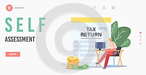 Self Assesstment, Tax Return Landing Page Template. Tiny Businesswoman Sitting at Desk with Computer near Huge Document