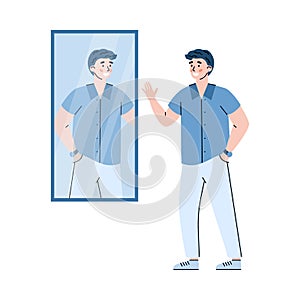 Self-assured young man in front of mirror, flat vector illustration isolated.