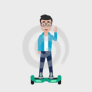 Young cheerful man on hoverboard smiling and waving. Riding gyro scooter. Commuting concept.