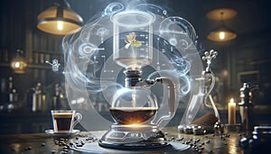 Self-brewing glass coffee siphon with floating holographic timer, Ai created image