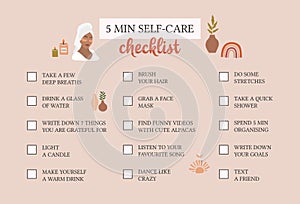Self care checklist. Self love and self care ideas. Vector