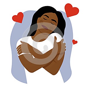 Self-care day, black woman hugging herself. Cute black girl with heart. Love yourself icon, love your body. International self-