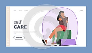 Self Care Landing Page Template. Sitting Woman Surrounded By Circle, Creating A Sense Of Unity And Connection