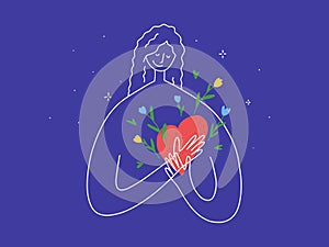 Self care, love inside, mental health, charity vector illustration with cute woman put her hands holding heart with flowers