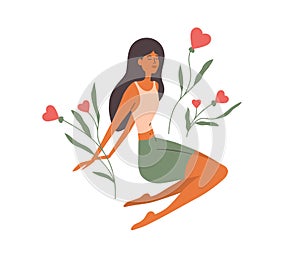 Self care, love yourself, relax, mental health vector illustration with young woman sitting among heart shape flowers