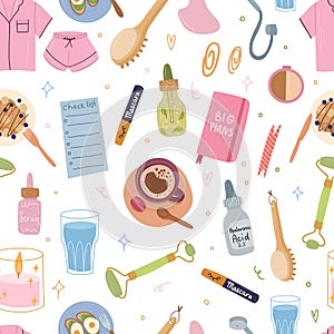 Self care morning routine seamless pattern .Skin care,planning,coffee.