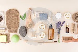 Self-care products, herbal cosmetics for bodycare and skin care with lavender flowers. Natural bath accessories bundle