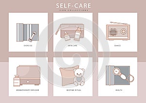 Self-care routine to do ideas or checklist. Self care concept icons set