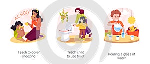 Self-care skills development in home-based daycare isolated cartoon vector illustration set