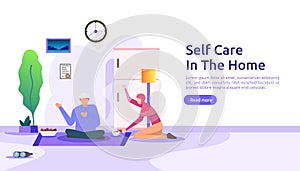 self care and stay home concept. Self isolation, home activities, quarantine due to coronavirus illustration template for landing