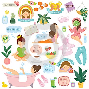 Self care and well-being clipart set