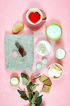 Self-care wellbeing flatlay with pro environmental plastic free beauty products.