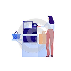 Self checkout grocery kiosk and contactless payment concept. Vector flat character illustration. Woman customer person pay by