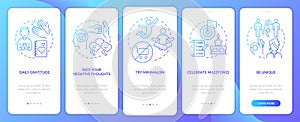 Self-compassion exercises blue gradient onboarding mobile app screen photo