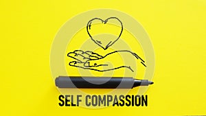 Self compassion is shown using the text and picture of hand and heart photo