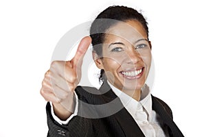 Self confident business woman shows thumb up