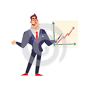 Self confident businessman pointing at a whiteboard with growth graph at a presentation, successful business character