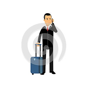 Cartoon character self-confident businessman in stylish black suit standing at airport with travel bag on wheels and