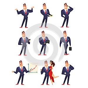 Self confident businessman in various situations set, successful business character cartoon vector Illustration on a