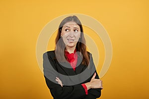 Self-Confident Female Crossed Arms At Her Chest And Mocks. Bold People