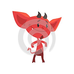 Self-confident smiling red devil stands isolated on white background. Flat cartoon fictional character with little horns