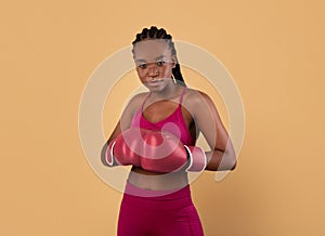Self-Defence Classes. Portrait Of Young Sporty Black Woman Wearing Boxing Gloves