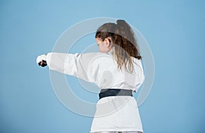 Self defence skills. Karate gives feeling of confidence. Strong and confident kid. She is dangerous. Girl little child