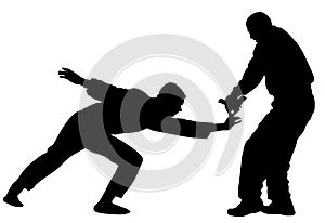 Self defense battle silhouette illustration. Man fighting against aggressor with gun or pistol.