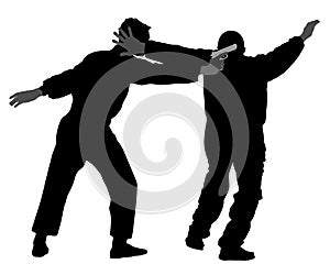 Self defense battle silhouette illustration. Man fighting against aggressor with gun or pistol.