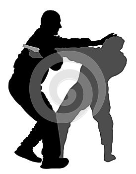 Self defense battle silhouette illustration. Man fighting against aggressor with gun or pistol. photo