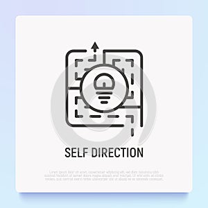 Self direction thin line icon: personal strategy to choose right way from labyrinth. Modern vector illustration photo