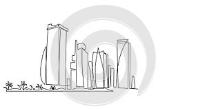 Self drawing animation of Modern cityscape continuous one line drawing. Metropolis architecture panoramic landscape