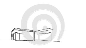 Self drawing animation of modern flat roof house drawn by continuous line. Animated minimalist commercial building black