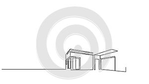 Self drawing animation of modern flat roof house drawn by continuous line. Animated minimalist commercial building black