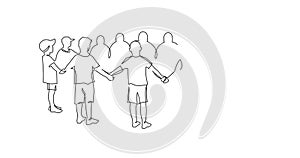 Self drawing animation of Unity, friendship continuous single line drawing. Group of children holding hands.