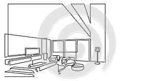 Self drawing line animation of large spacious living room area with flat screen tv and furniture