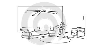 Self drawing line animation of living room with sofa tv and armchair